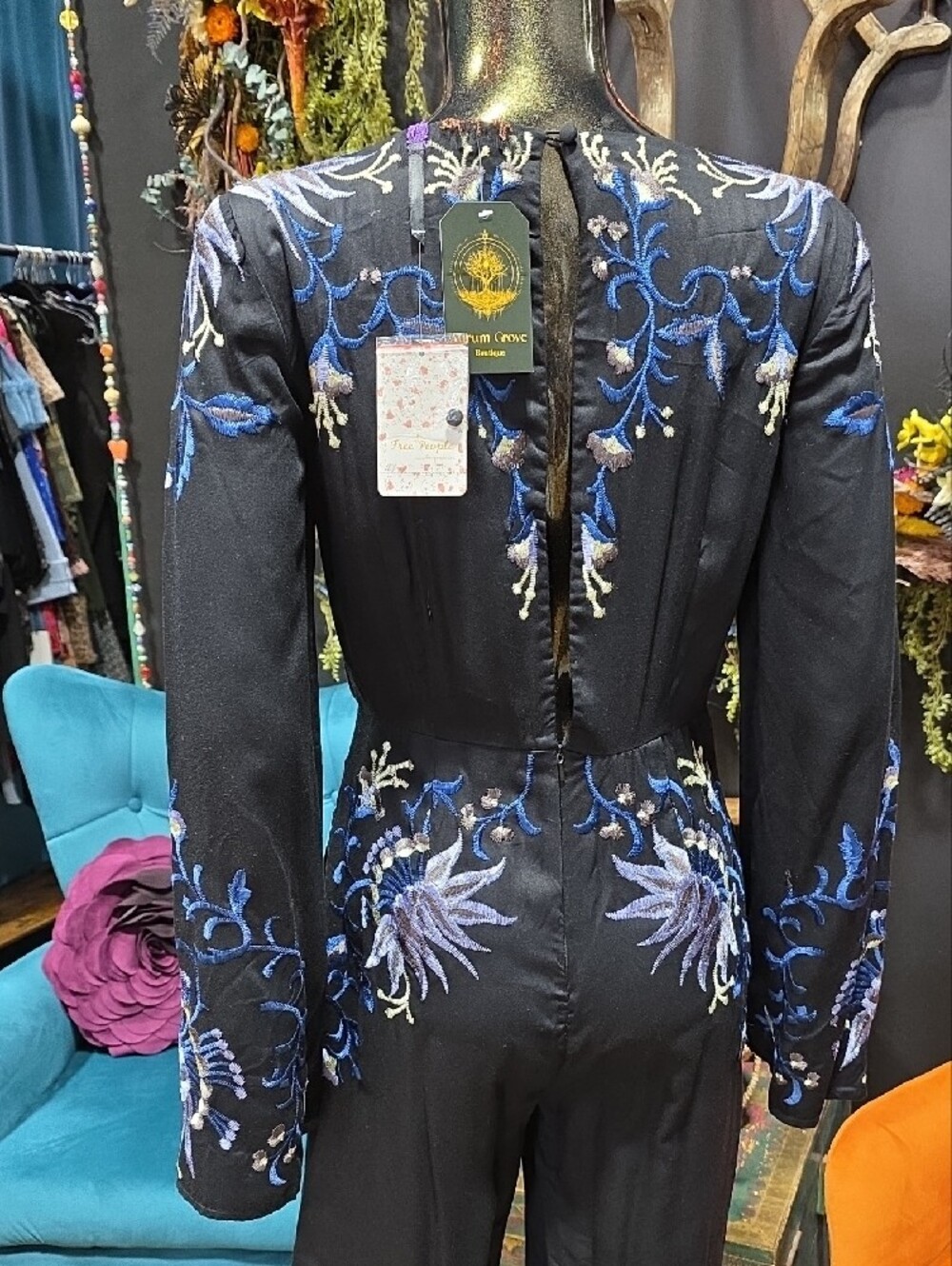 Free People Black Jumpsuit with Blue Floral Embroidery - Picture 11 of 15
